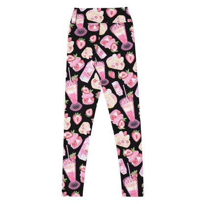 Pink kawaii High-waisted Strawberry leggings with whole strawberries and macarons