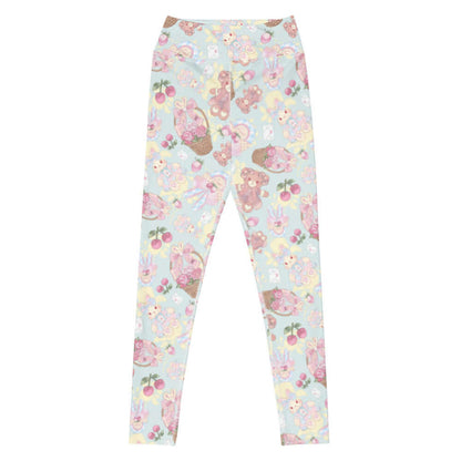 Sweet Teddy kawaii high-waisted leggings in pastel with dress-wearing teddy bears and rose-filled baskets