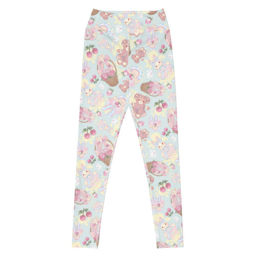 Sweet Teddy kawaii high-waisted leggings in pastel with dress-wearing teddy bears and rose-filled baskets