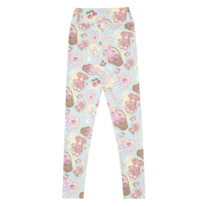 Sweet Teddy kawaii high-waisted leggings in pastel with gingham-bow bunnies and cherries