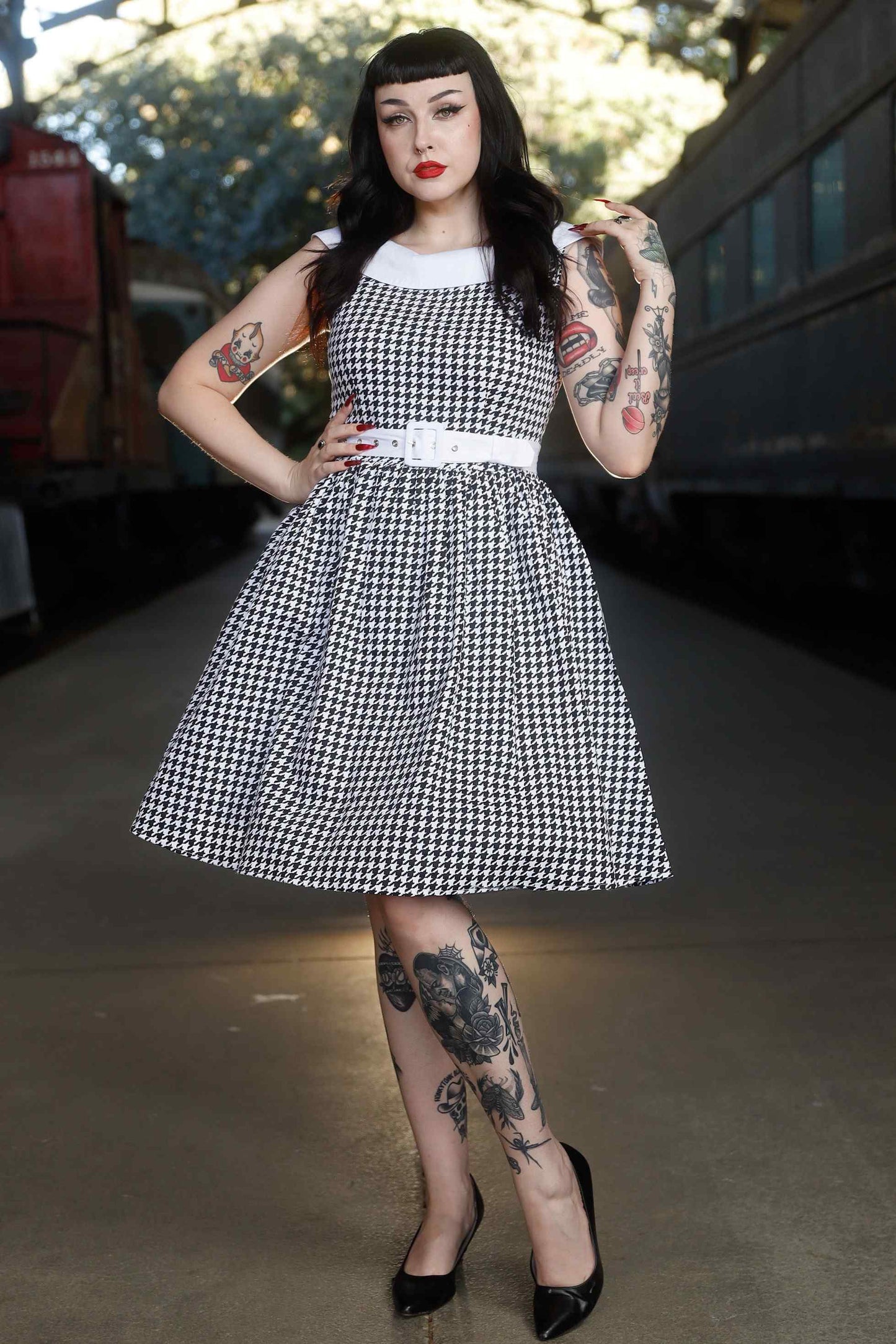 Cindy Houndstooth Roll Collar Dress