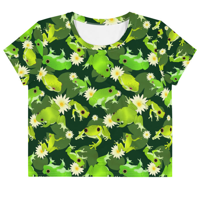 Kero-kero kawaii crop top in green with frogs mid-jump and pale water lilies