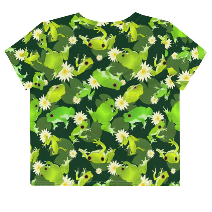 Kero-kero kawaii crop top in green with green tree frogs and white water lilies