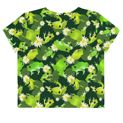Kero-kero kawaii crop top in green with green tree frogs and white water lilies