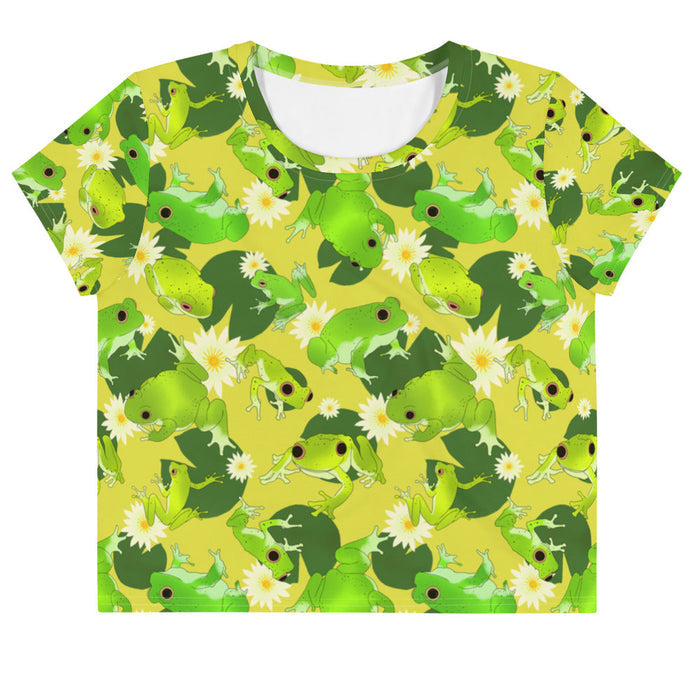 Kero-kero kawaii crop top in green with leaping frogs and golden-eyed lotus blooms