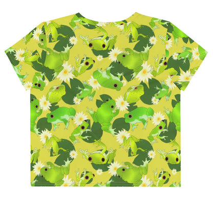 Kero-kero kawaii crop top in yellow with speckled frogs and floating lily pads