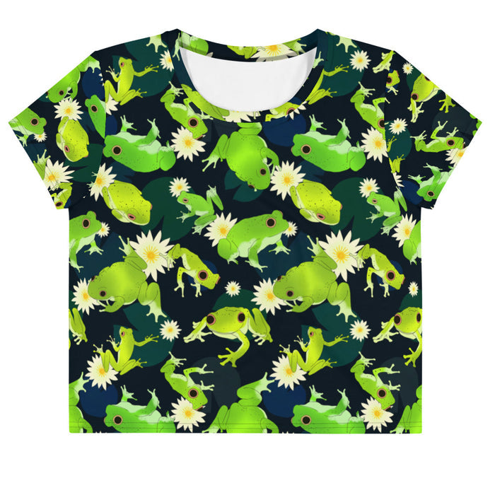 Kero-kero kawaii crop top in green with webbed-toed frogs and white lotus blossoms