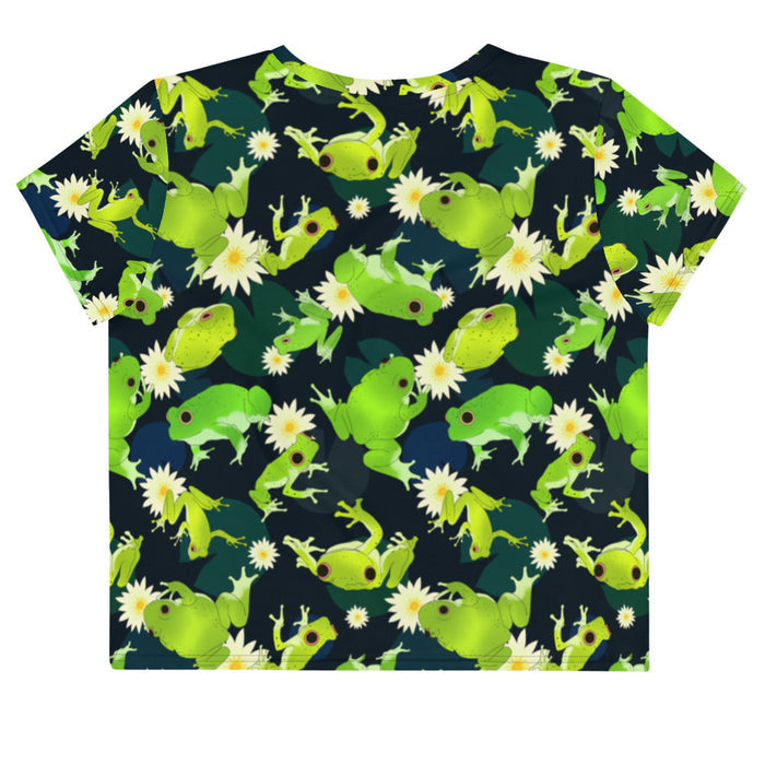 Kero-kero kawaii crop top in green with hopping green frogs and sunlit water lilies