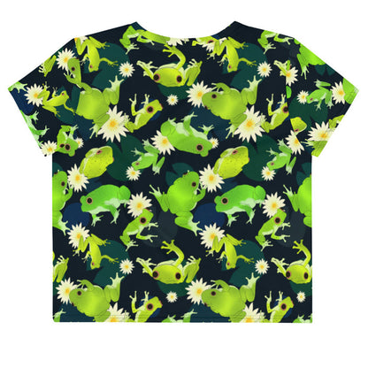 Kero-kero kawaii crop top in green with hopping green frogs and sunlit water lilies