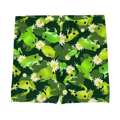 Kero-kero kawaii shorts in green with plump green frogs and golden lily centers