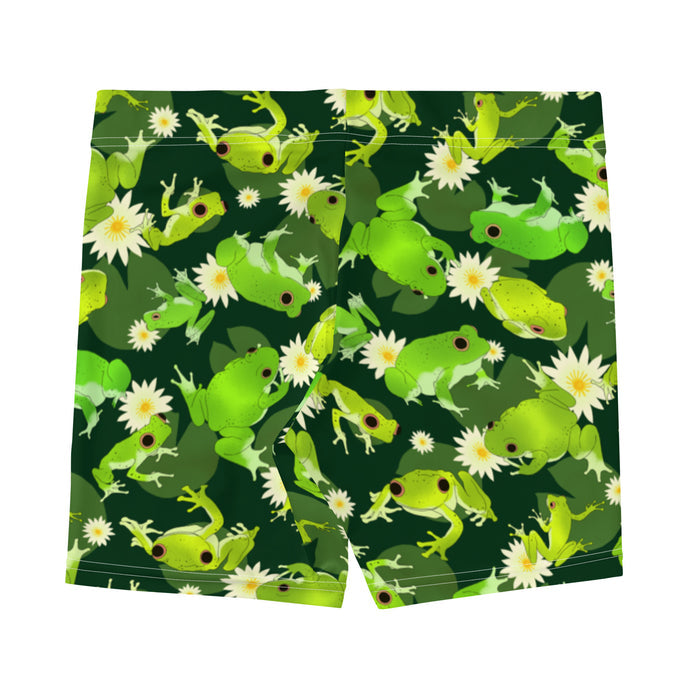 Kero-kero kawaii shorts in green with bright green frogs and creamy lotus flowers