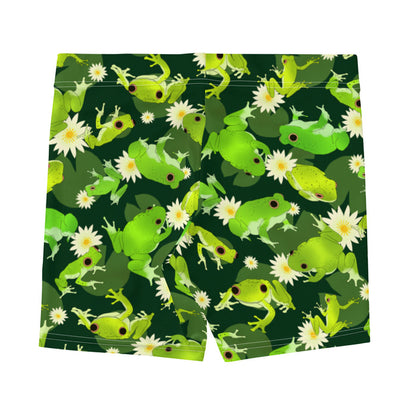 Kero-kero kawaii shorts in green with bright green frogs and creamy lotus flowers