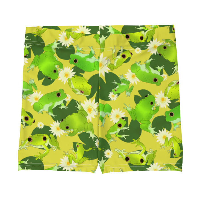 Kero-kero kawaii shorts in yellow with frogs mid-jump and pale water lilies