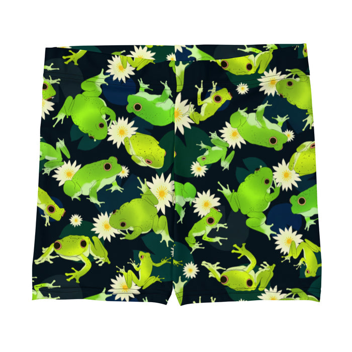 Kero-kero kawaii shorts in green with leaping frogs and golden-eyed lotus blooms