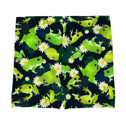 Kero-kero kawaii shorts in green with leaping frogs and golden-eyed lotus blooms