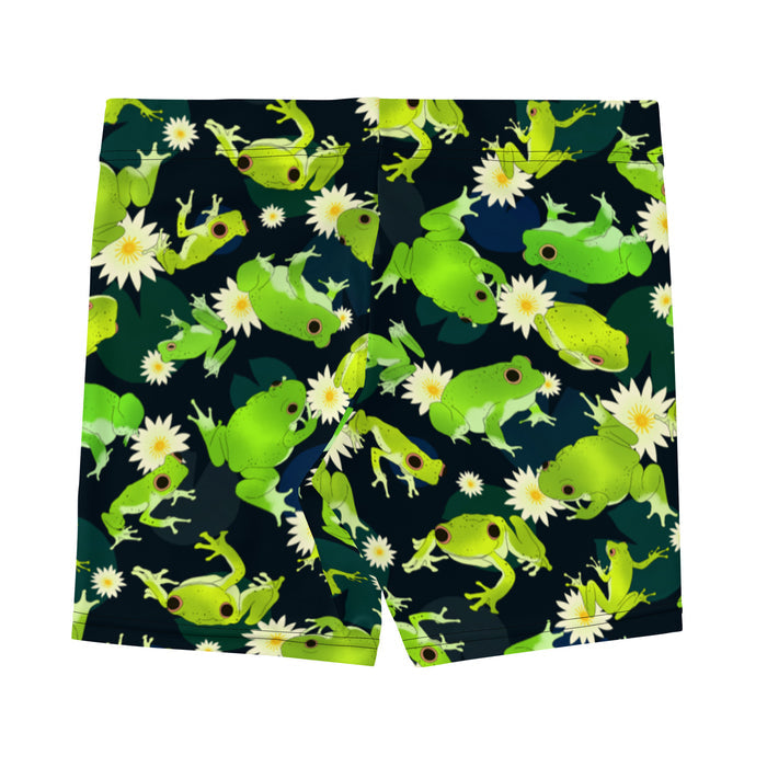 Kero-kero kawaii shorts in green with speckled frogs and floating lily pads