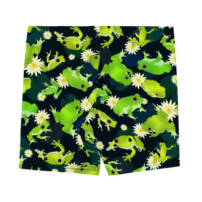 Kero-kero kawaii shorts in green with speckled frogs and floating lily pads