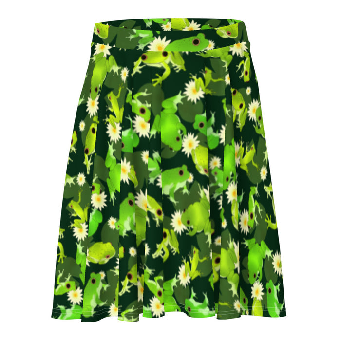 Kero-kero kawaii skater skirt in green with bright green frogs and creamy lotus flowers