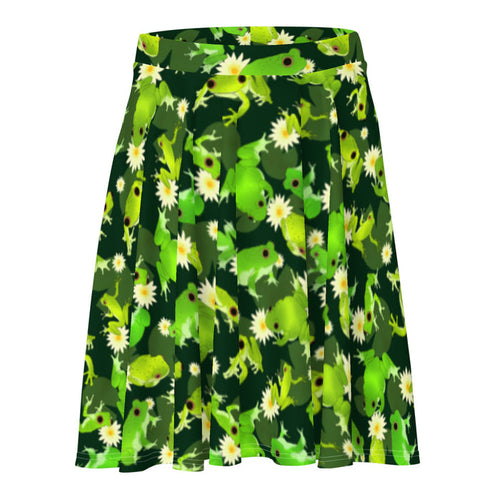 Kero-kero kawaii skater skirt in green with bright green frogs and creamy lotus flowers