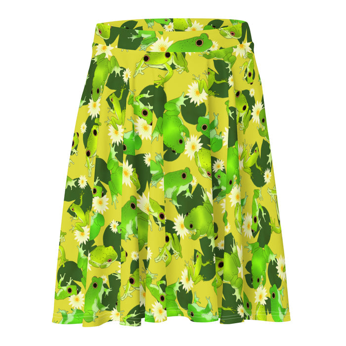 Kero-kero kawaii skater skirt in yellow with green tree frogs and white water lilies