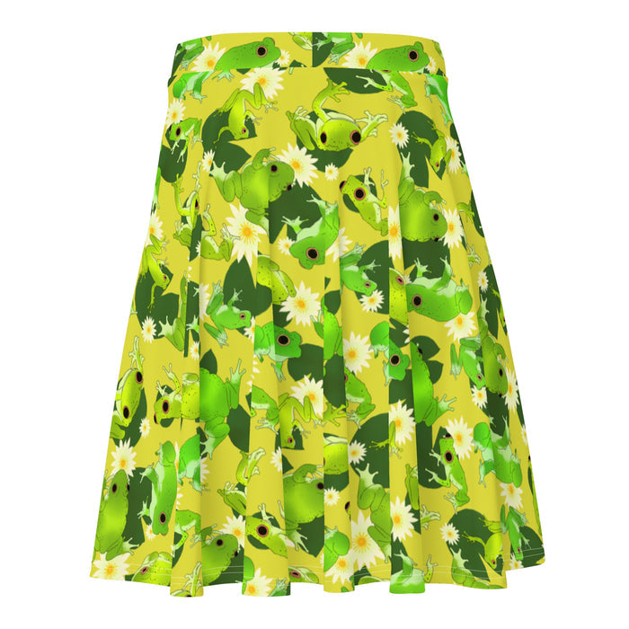 Kero-kero kawaii skater skirt in green with leaping frogs and golden-eyed lotus blooms