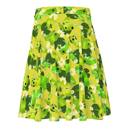 Kero-kero kawaii skater skirt in green with leaping frogs and golden-eyed lotus blooms