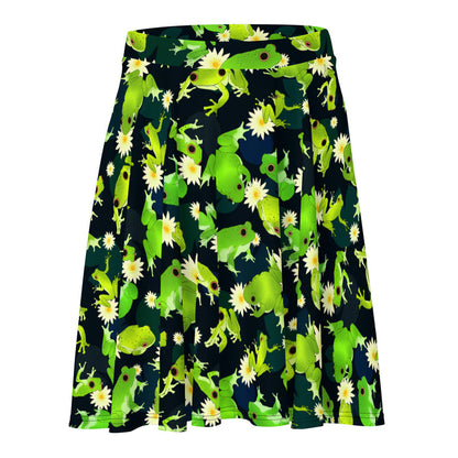 Kero-kero kawaii skater skirt in green with speckled frogs and floating lily pads