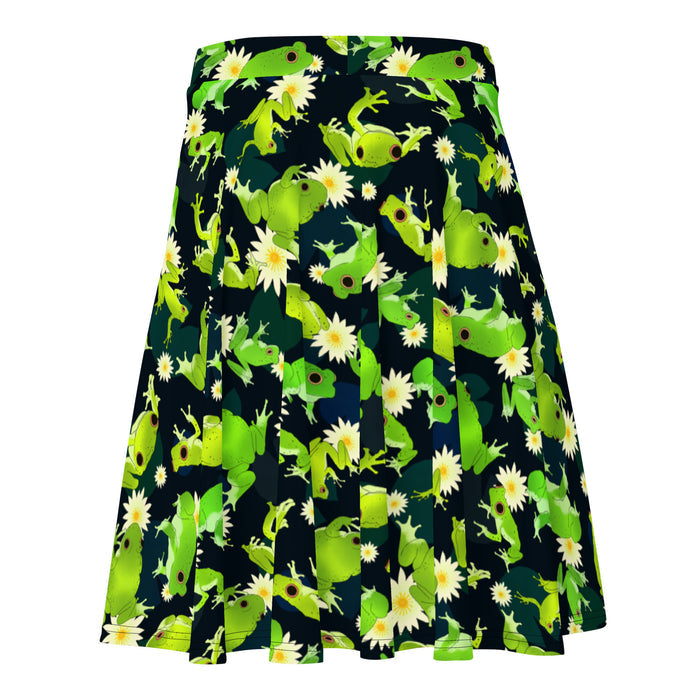 Kero-kero kawaii skater skirt in green with webbed-toed frogs and white lotus blossoms