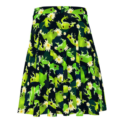 Kero-kero kawaii skater skirt in green with webbed-toed frogs and white lotus blossoms