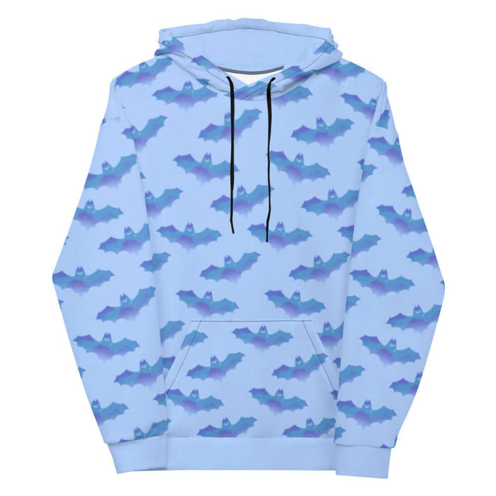Lilith gothic hoodie in blue with watercolor bats and crescent moons