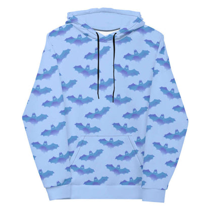 Lilith gothic hoodie in blue with watercolor bats and crescent moons