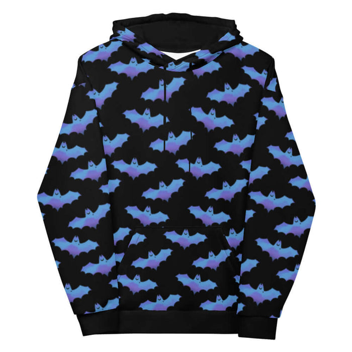 Lilith alternative hoodie in blue with painterly bats and tiny crescent moons