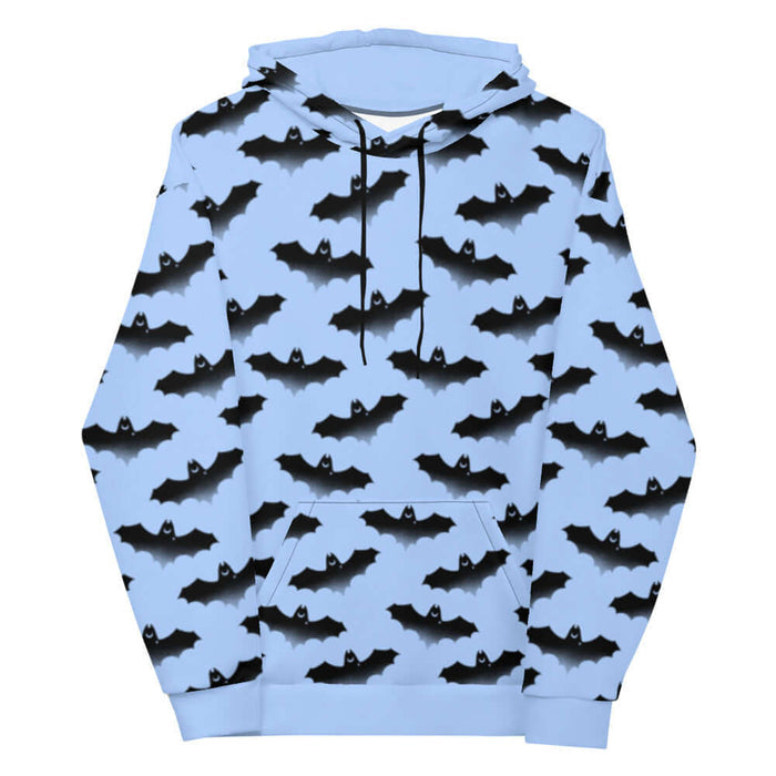 Lilith pastel-goth hoodie in blue with watercolor bats and drifting clouds