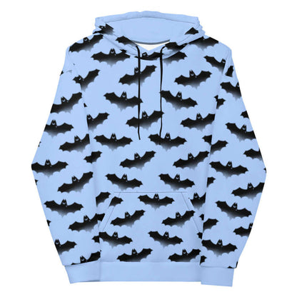 Lilith pastel-goth hoodie in blue with watercolor bats and drifting clouds