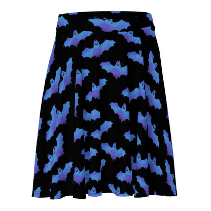 Lilith alternative skater skirt in blue with painterly bats and tiny crescent moons