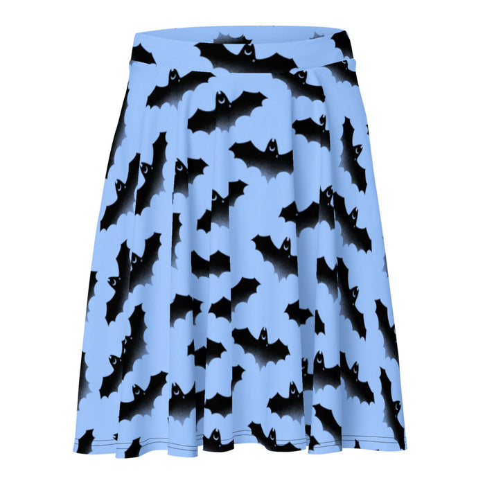 Lilith pastel-goth skater skirt in blue with watercolor bats and drifting clouds