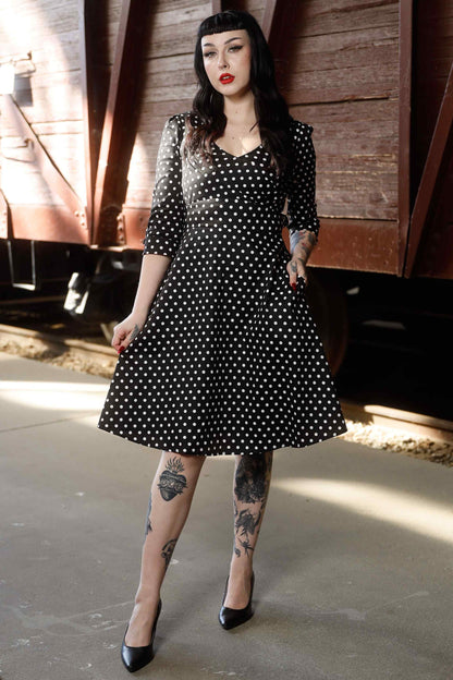 Katherine Long Sleeve 50s Style Swing Dress in Black Polka