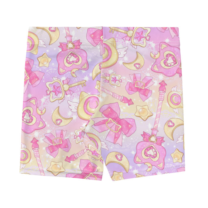 Magical Girl kawaii shorts in pink featuring neko compacts and crescent moons