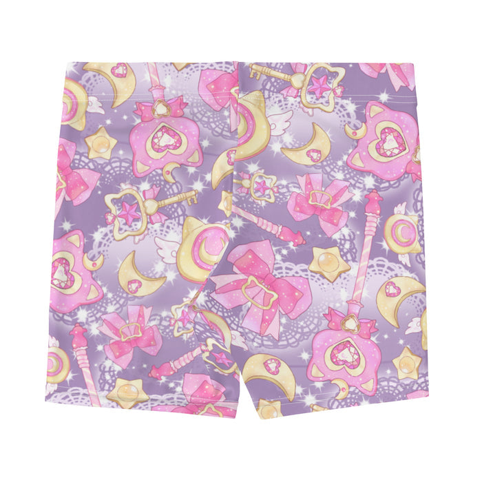 Magical Girl kawaii shorts covered in magic scepters and heart gems, in pink and purple