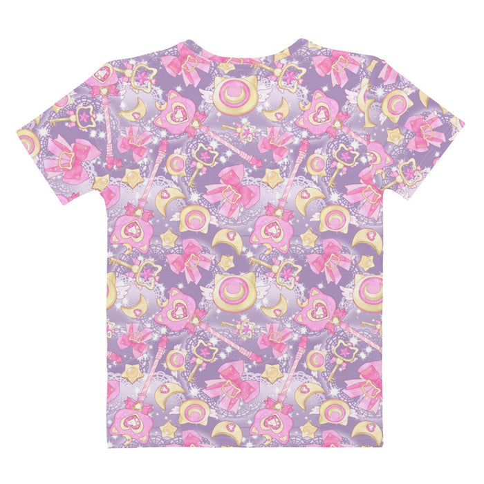 Magical Girl kawaii tee covered in magic scepters and heart gems, in pink and purple