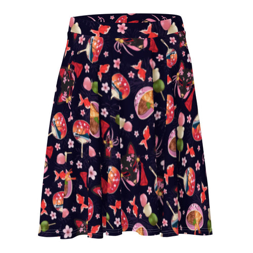 Matsuri kawaii skater skirt with black kitsune masks and red goldfish