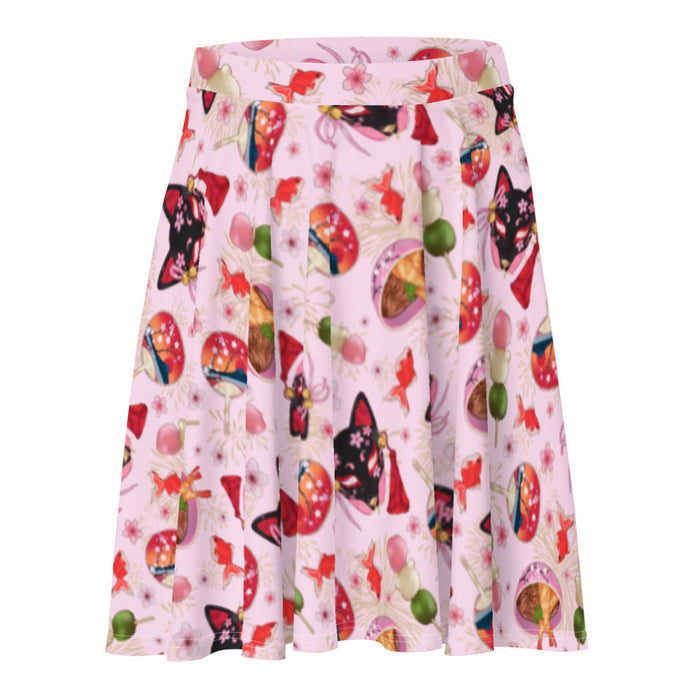 Matsuri kawaii skater skirt in pink with uchiwa fans and tricolor dango