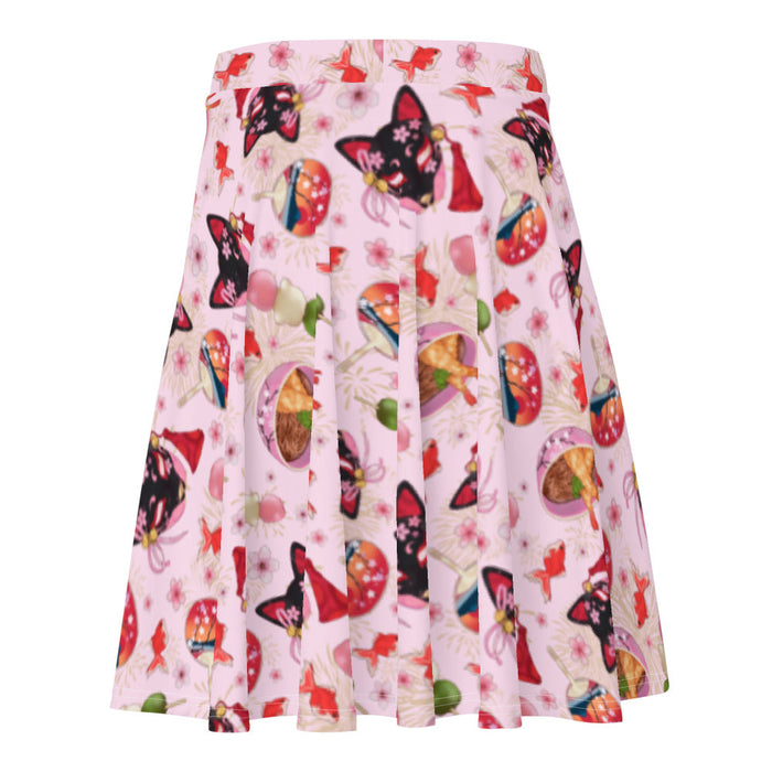 Matsuri kawaii skater skirt in pink with sakura-painted kitsune masks and goldfish