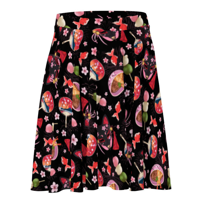 Matsuri kawaii skater skirt in black with red goldfish and cherry blossoms
