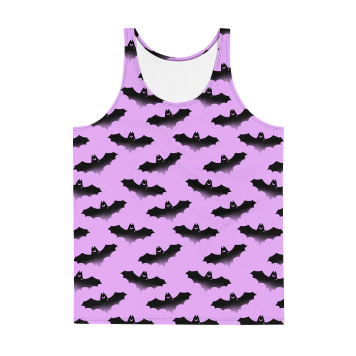 Aensland pastel-goth men's tank top in pink with watercolor bats and drifting clouds