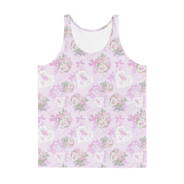Anniversary kawaii men's tank top in blush and periwinkle with satin ribbon bows and strands of pearls
