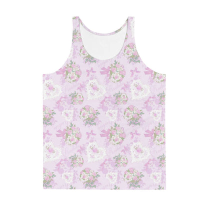 Anniversary kawaii men's tank top in blush and periwinkle with satin ribbon bows and strands of pearls