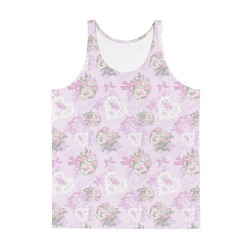 Anniversary kawaii men's tank top in blush and periwinkle with satin ribbon bows and strands of pearls