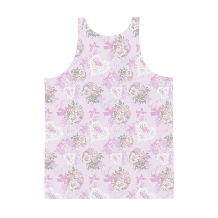 Anniversary kawaii men's tank top in blush and periwinkle with strands of pearls and baby's breath
