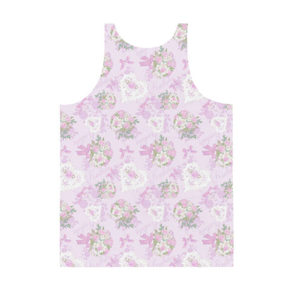 Anniversary kawaii men's tank top in blush and periwinkle with strands of pearls and baby's breath